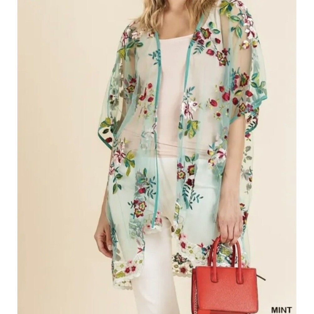 COPY - Embroidered Floral Lace Kimono by Umgee, Sheer  Mint M/L